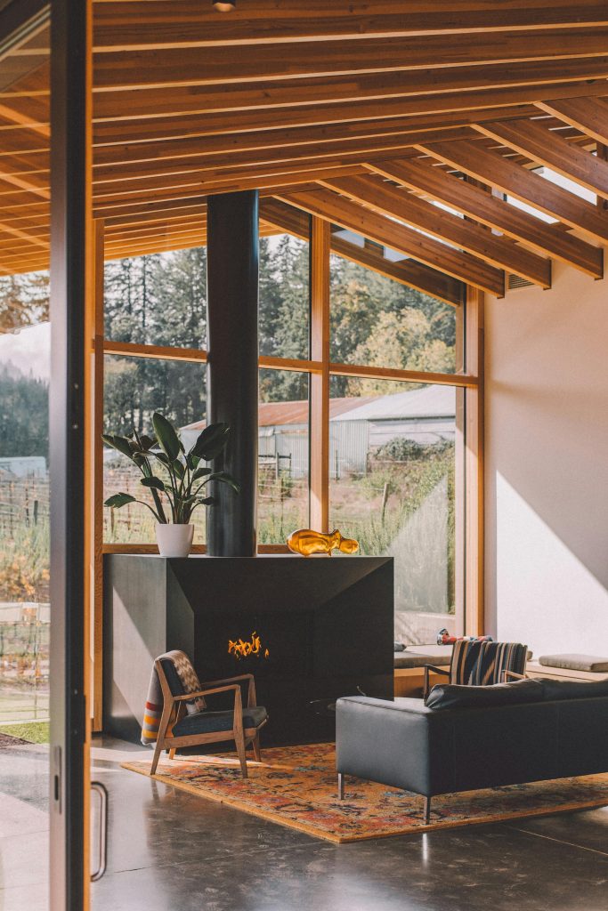 Sunlit modern living room with fireplace and glass wall, offering comfort and style.